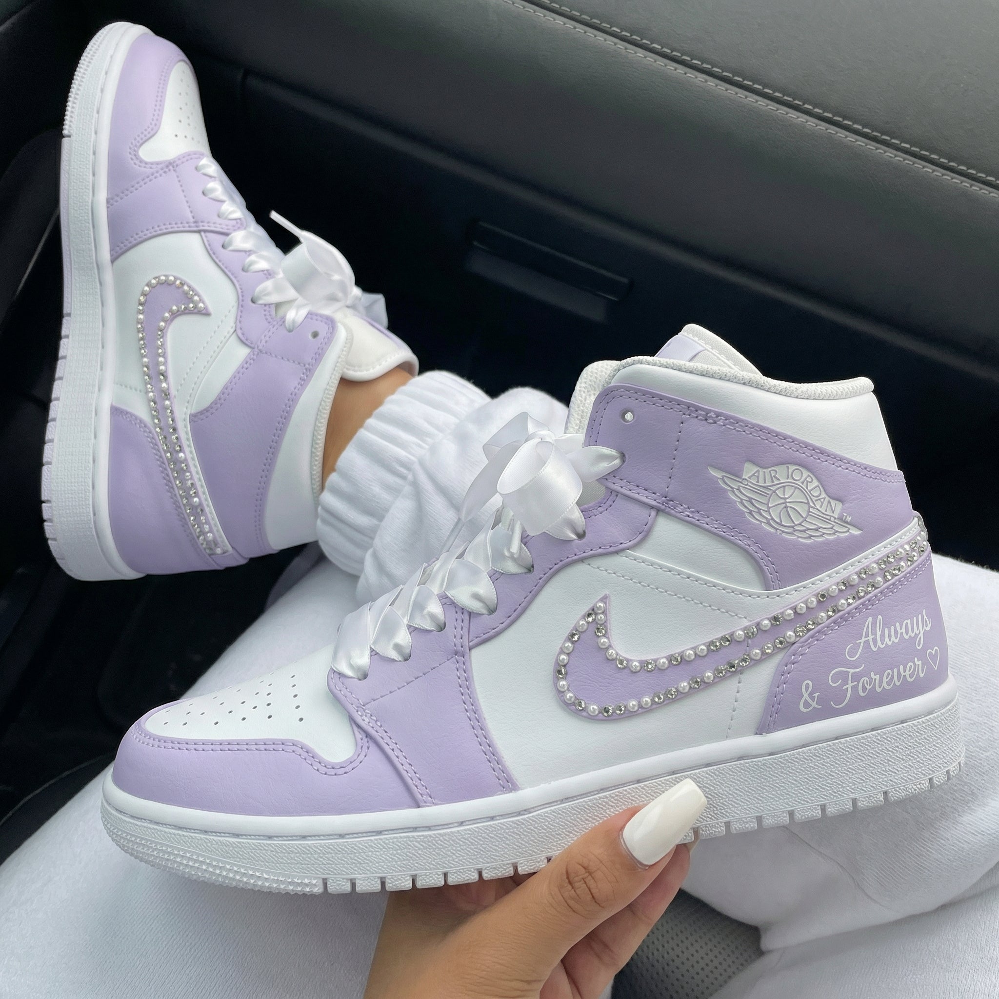 White Baby Purple Pearl Rhinestone Swoosh Always Forever Custom Air Jordan 1-shecustomize