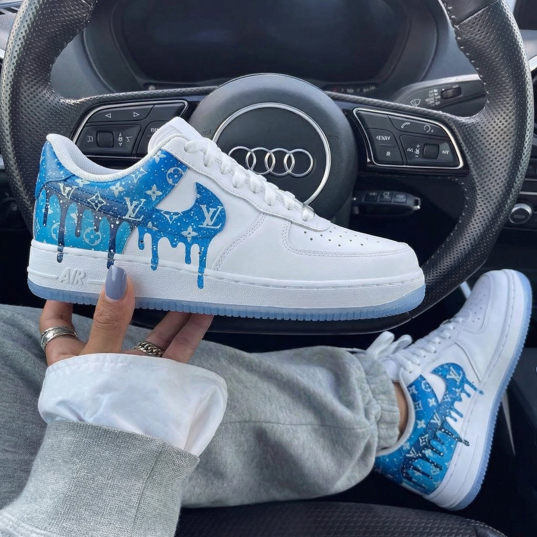 White Blue LV Logo Drip Starry Custom Air Force 1-shecustomize