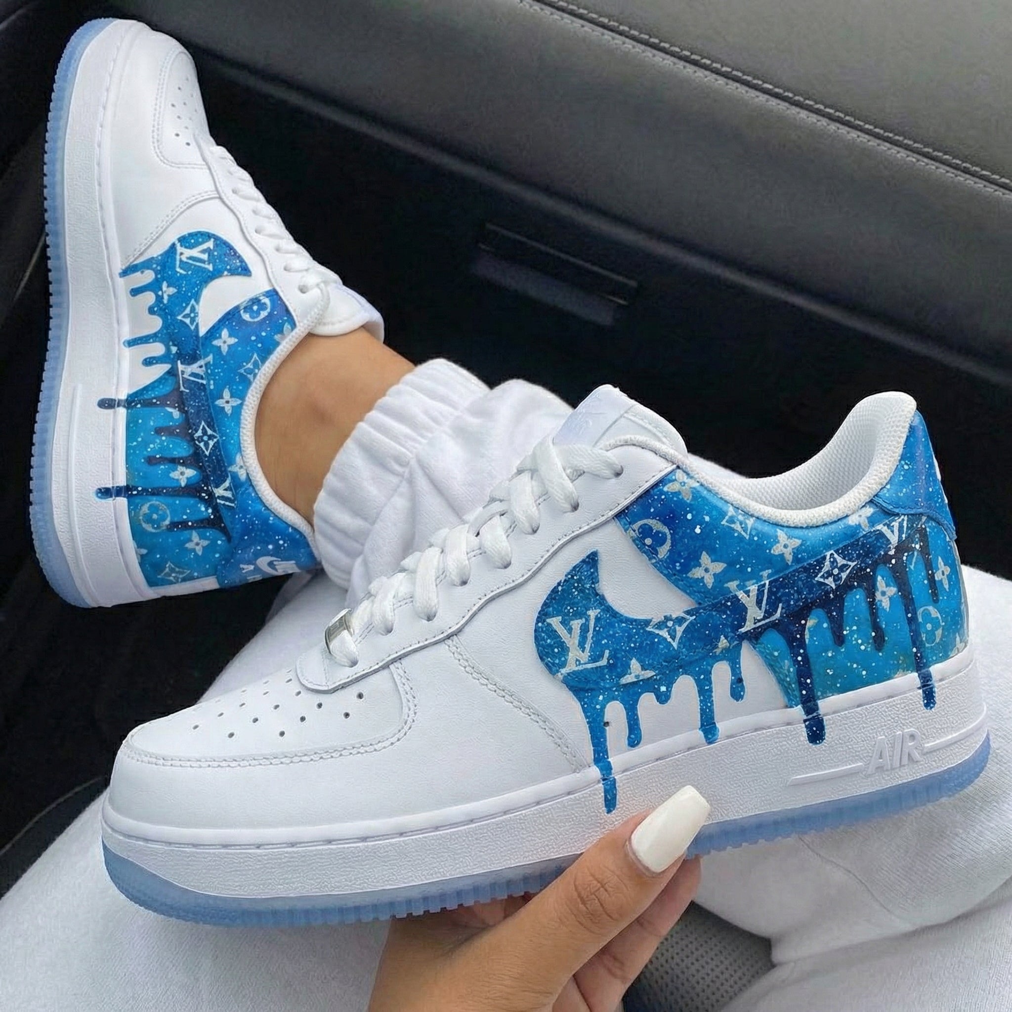 White Blue LV Logo Drip Starry Custom Air Force 1-shecustomize