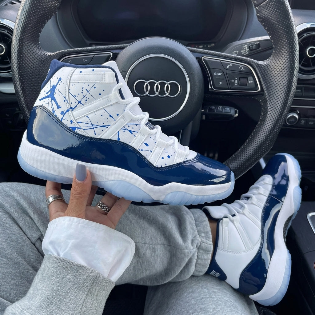 White Blue Splatter Retro Unc Win Custom Air Jordan 11-shecustomize