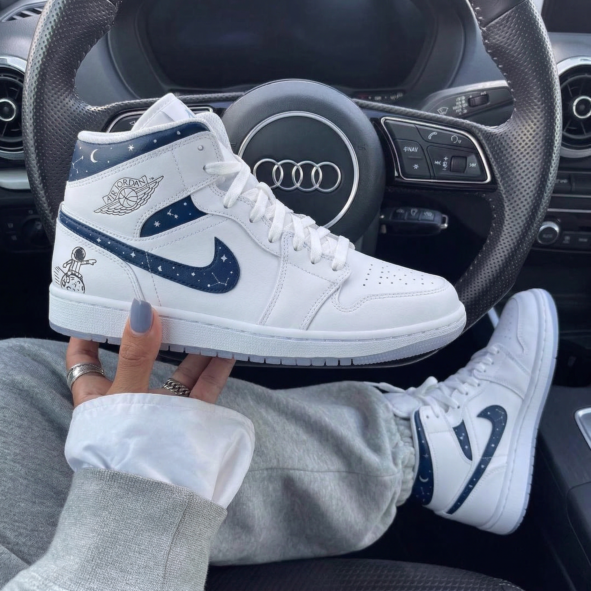 White Navy Blue Stars Constellation Astronaut Custom Air Jordan 1-shecustomize