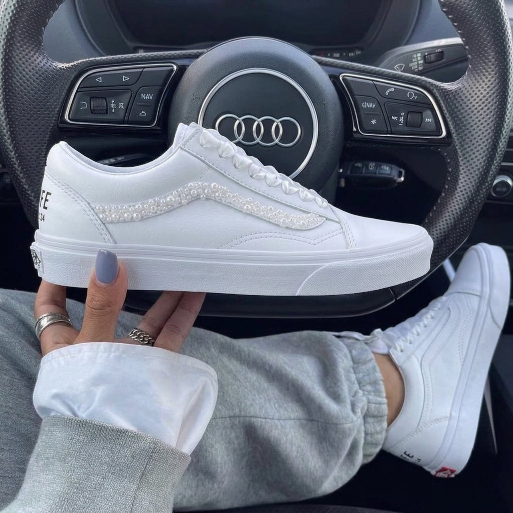 White Pearl Embellished Custom Vans Weeding Shoes