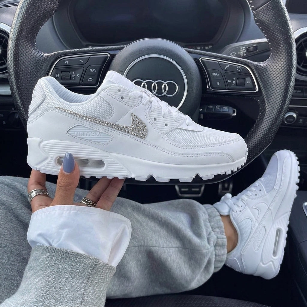 White Rhinestone Custom Nike Air Max 90 Weeding Shoes
