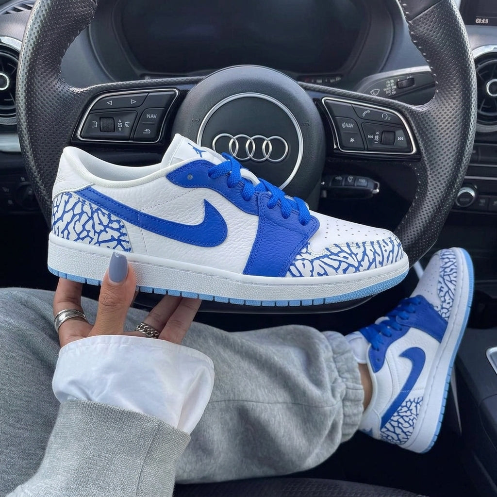 White Royal Blue Cracked Print Custom Air Jordan 1-shecustomize