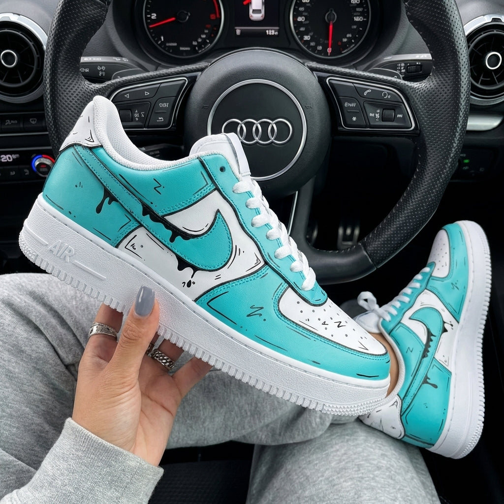 White Turquoise Cartoon Black Drip Custom Air Force 1-shecustomize