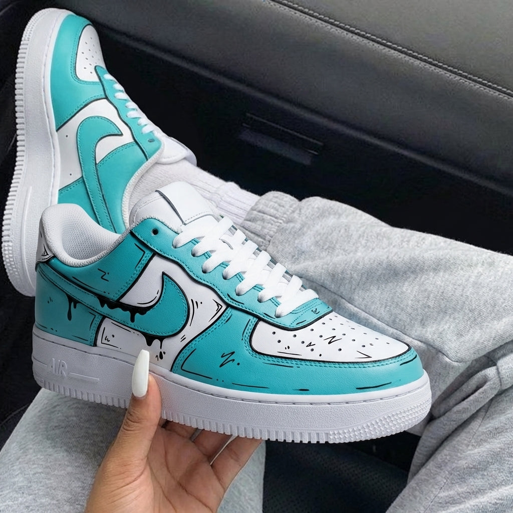 White Turquoise Cartoon Black Drip Custom Air Force 1-shecustomize