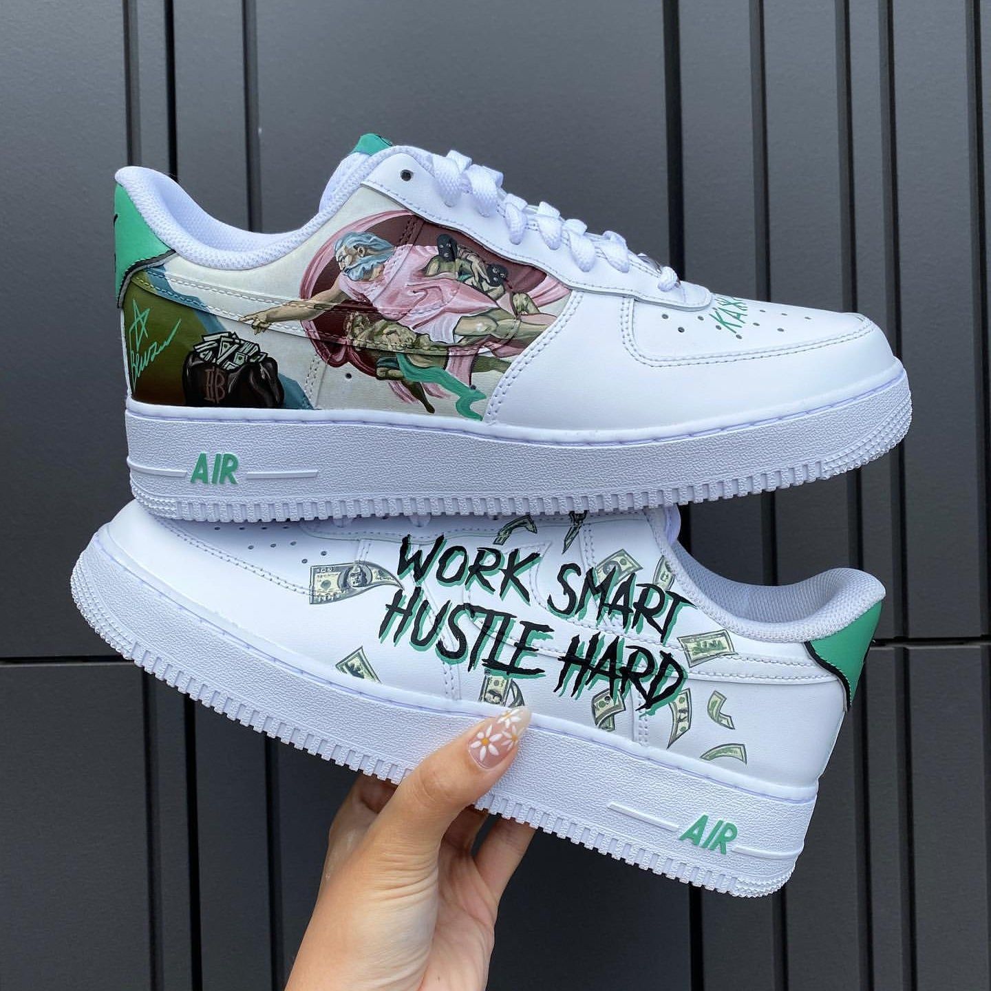 White Work Smart Hustle Hard Custom Air Force 1-shecustomize