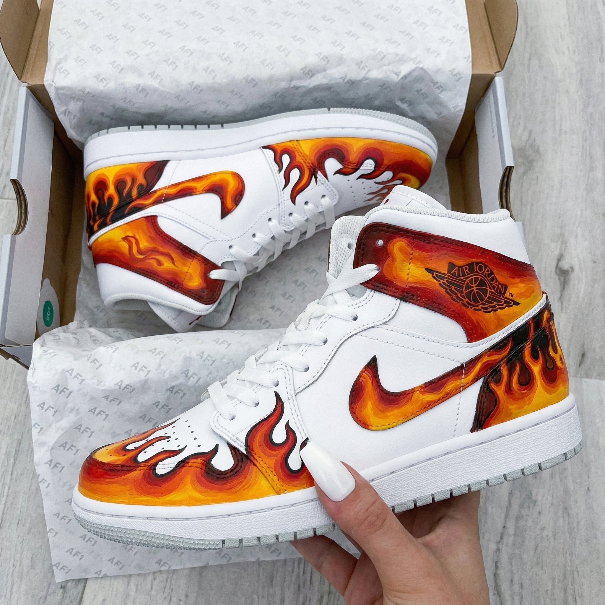 Wild White Base Orange Red Flame Print Custom Air Jordan 1-shecustomize