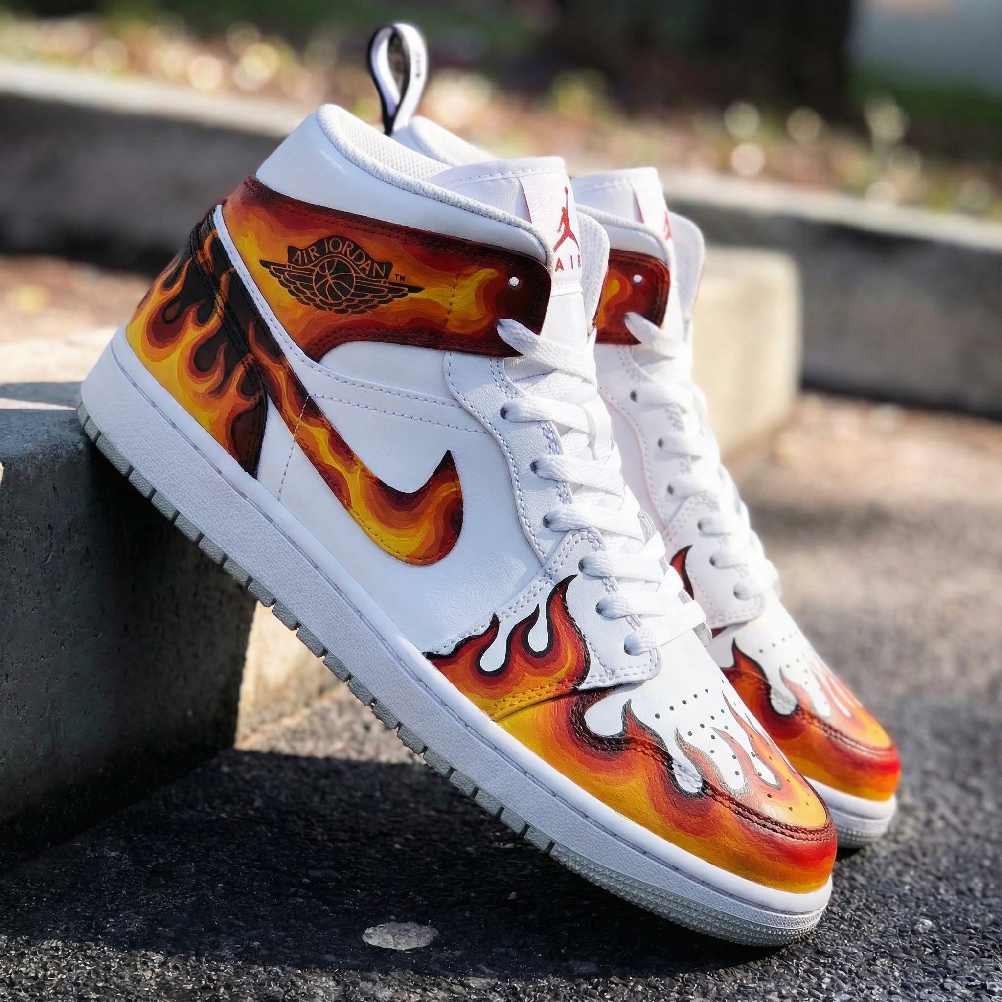 Wild White Base Orange Red Flame Print Custom Air Jordan 1-shecustomize