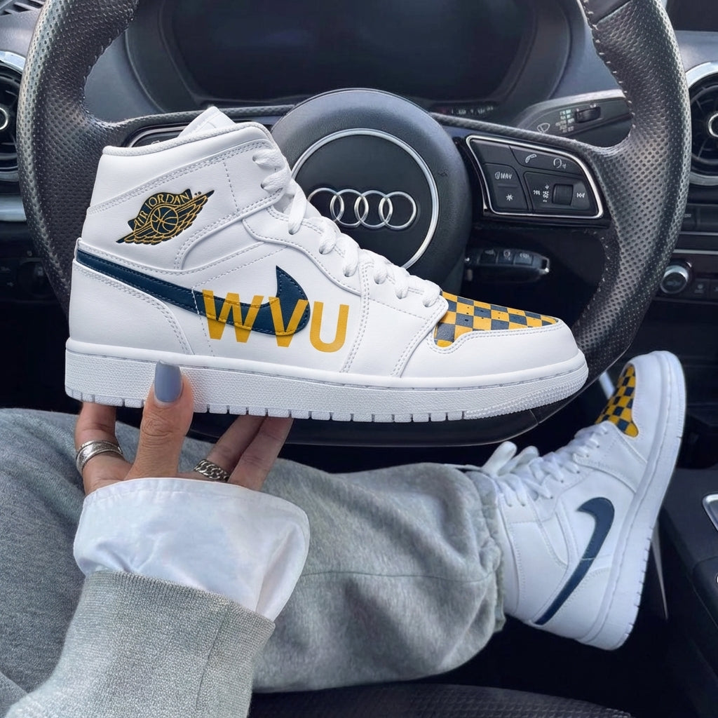 Yellow Navy Blue Checkerboard WVU Lettering Custom Air Jordan 1-shecustomize