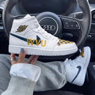 Yellow Navy Blue Checkerboard WVU Lettering Custom Air Jordan 1-shecustomize