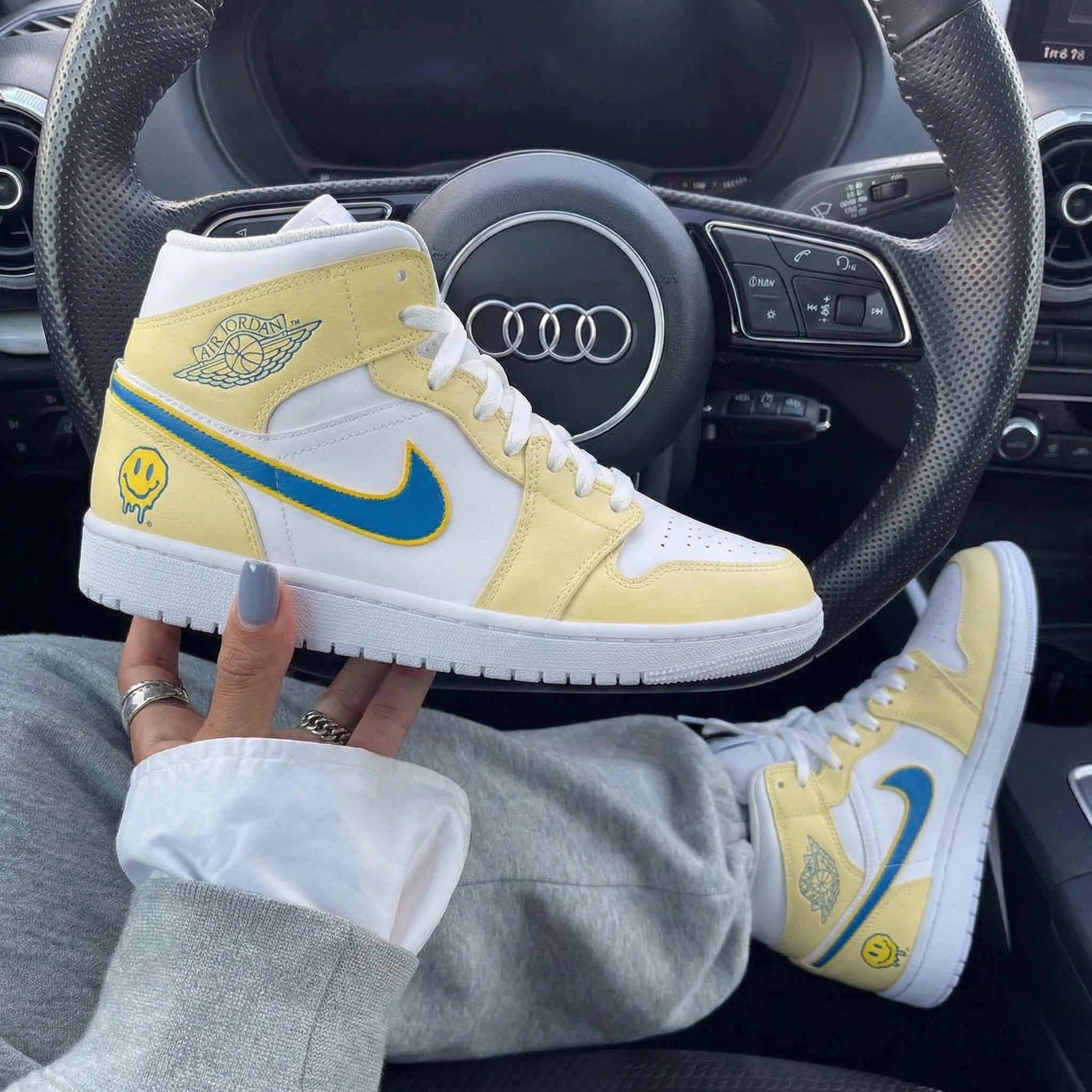 Yellow White Blue Smiley Face Custom Air Jordan 1-shecustomize