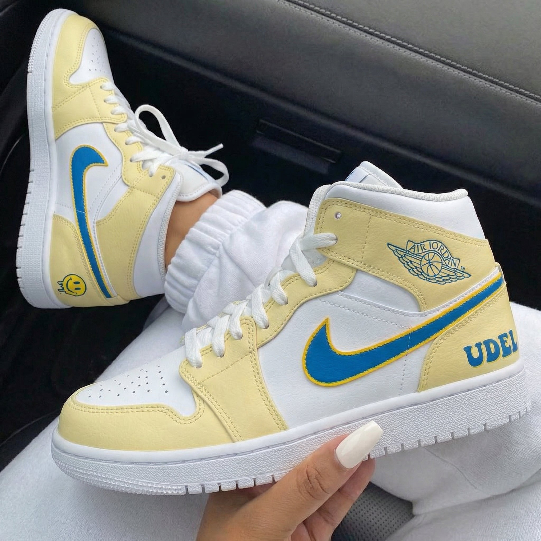 Yellow White Blue Smiley Face Custom Air Jordan 1-shecustomize