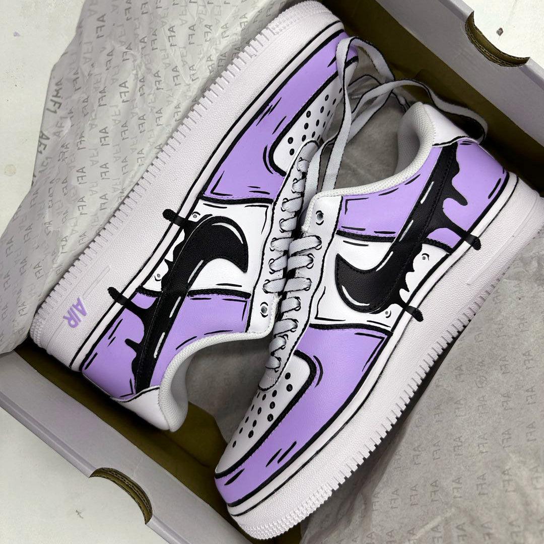 Nike Custom Air Force 1 "Lilac Cartoon" Shoes Black Drip Swoosh  Purple Men Women