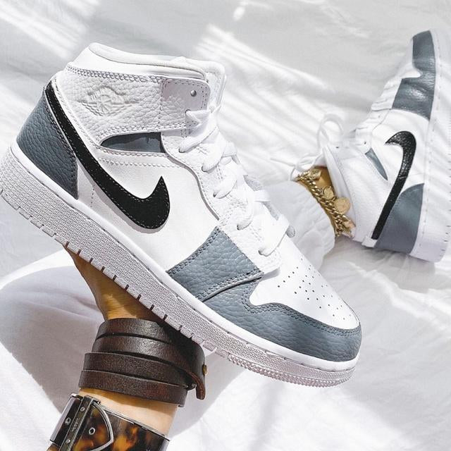 Custom Air Jordan 1 White Swoosh Grey Sneakers - shecustomize