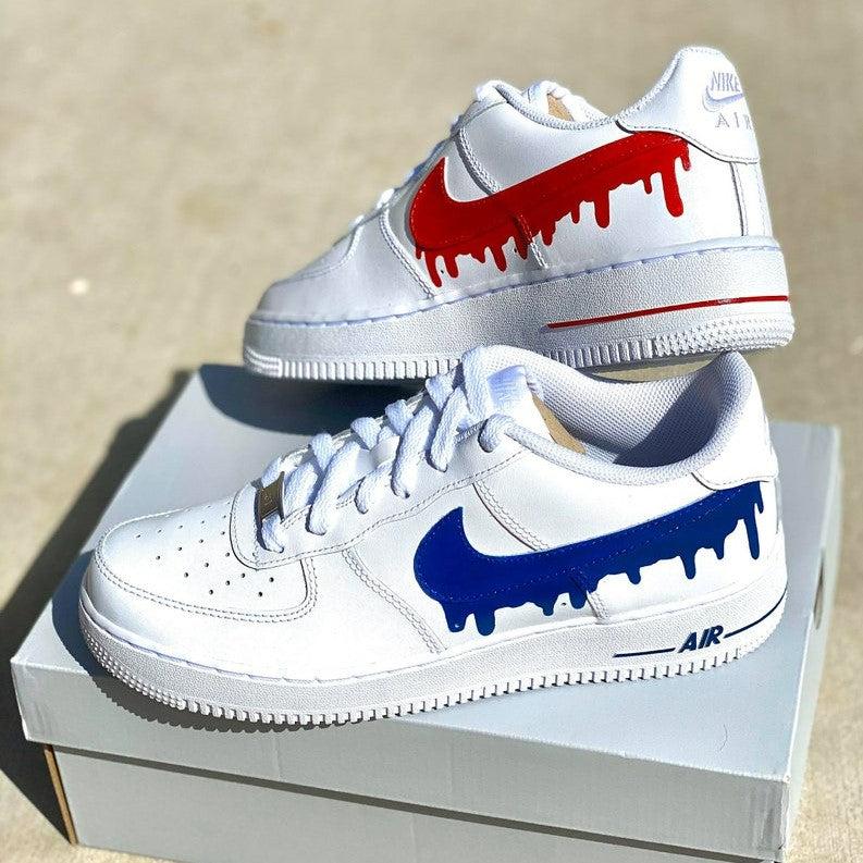 Custom Red Blue Nike Drip Air Force Ones SHECUSTOMIZE